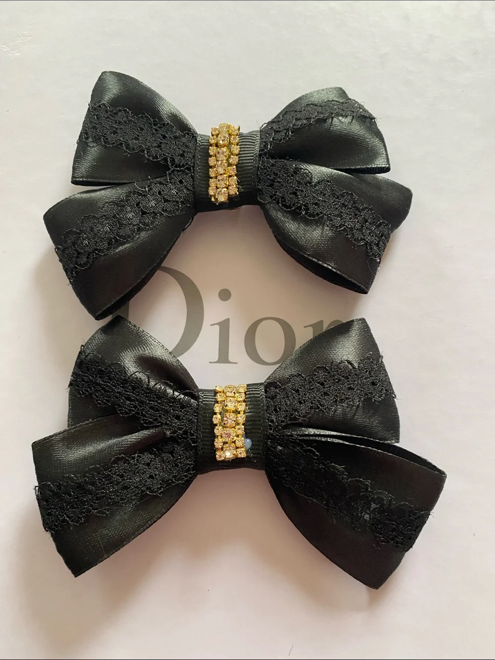 Black Satin Lace Bow Shoe Clips with Gold Crystal Band Handmade